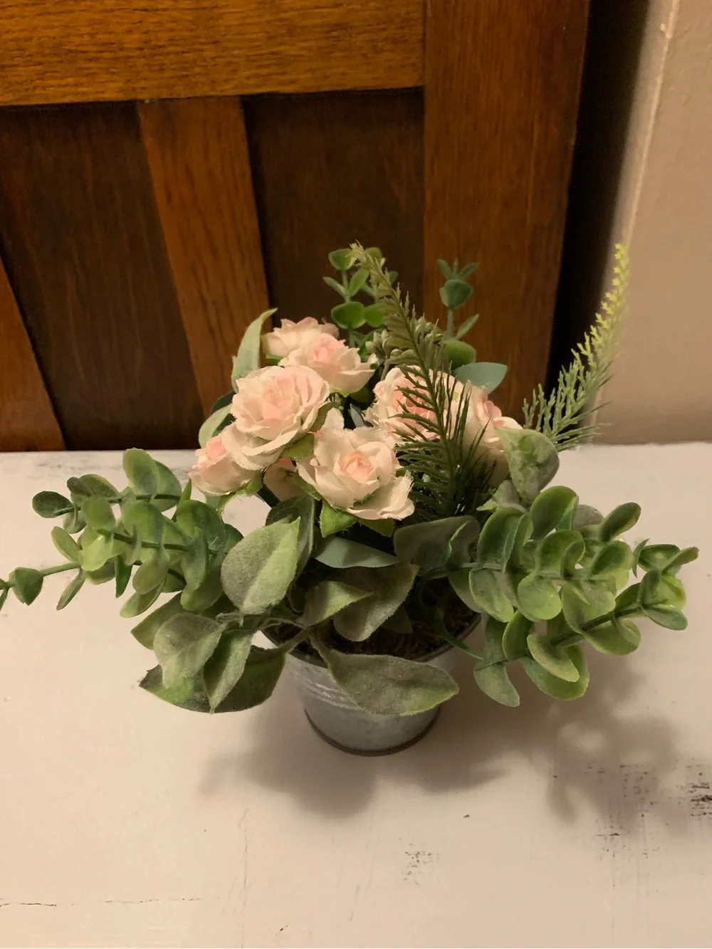 Artificial Pink Rose and Eucalyptus Arrangement in Galvanized Pot